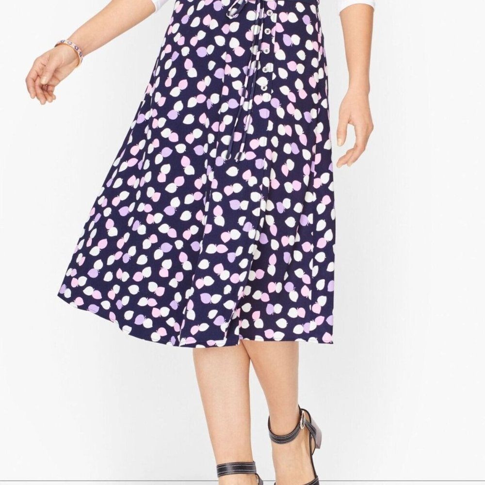 Talbots Petite Leaf Print A-Line Midi Skirt‎ Navy Pink Button Faux Wrap 16P